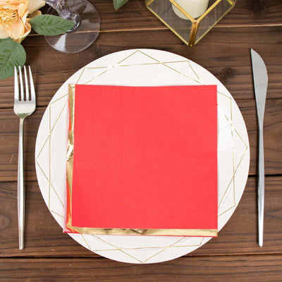 50-Pack Paper Beverage Napkins 2 Ply Red with Gold Foil Edge 6.5"x6.5" - Soft Disposable Cocktail Napkins