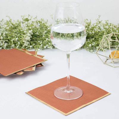 50-Pack Paper Beverage Napkins 2 Ply Terracotta (Rust) with Gold Foil Edge 6.5"x6.5" - Soft Disposable Cocktail Napkins