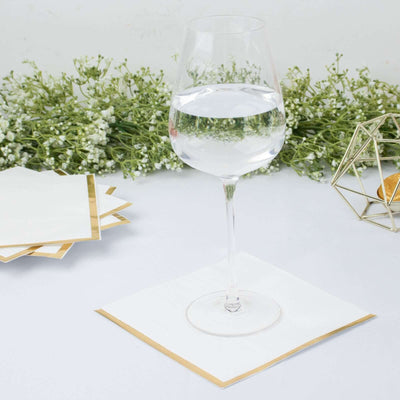 50-Pack Paper Beverage Napkins 2 Ply White with Gold Foil Edge 6.5"x6.5" - Soft Disposable Cocktail Napkins