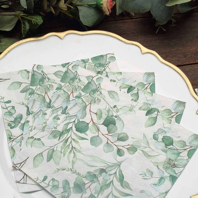 20-Pack Paper Beverage Napkins 2 Ply Green with Foliage Eucalyptus Leaves Design 6.5"x6.5" - Soft Boho Wedding Cocktail Beverage Napkins 18GSM