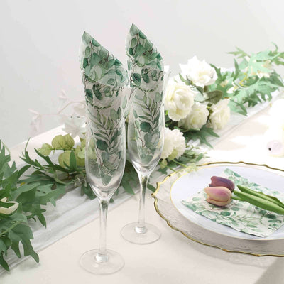 20-Pack Paper Beverage Napkins 2 Ply Green with Foliage Eucalyptus Leaves Design 6.5"x6.5" - Soft Boho Wedding Cocktail Beverage Napkins 18GSM