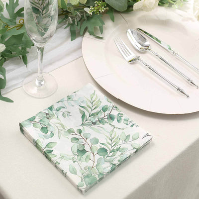 20-Pack Paper Beverage Napkins 2 Ply Green with Foliage Eucalyptus Leaves Design 6.5"x6.5" - Soft Boho Wedding Cocktail Beverage Napkins 18GSM