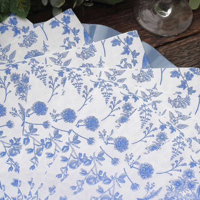 20-Pack Paper Cocktail Napkins 2 Ply White/Blue with French Toile Print 6.5"x6.5" - Soft and Absorbent Disposable Napkins