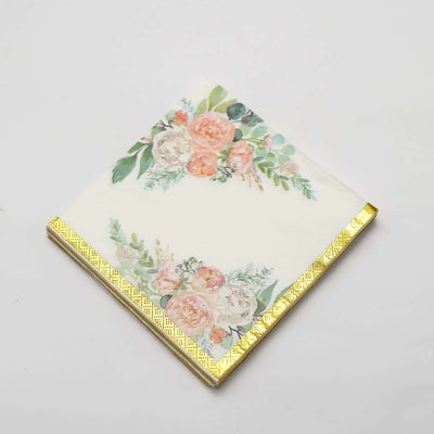 20-Pack Paper Cocktail Napkins 2 Ply White with Pink Peony Floral Design and Gold Trim - Soft Wedding Beverage Napkins 18GSM