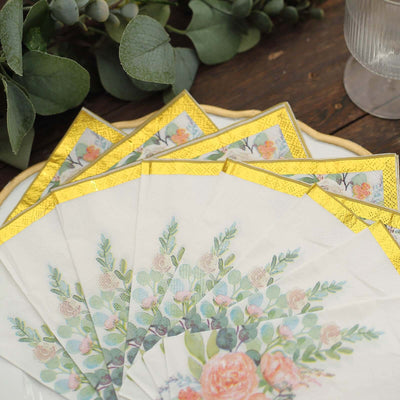20-Pack Paper Cocktail Napkins 2 Ply White with Pink Peony Floral Design and Gold Trim - Soft Wedding Beverage Napkins 18GSM