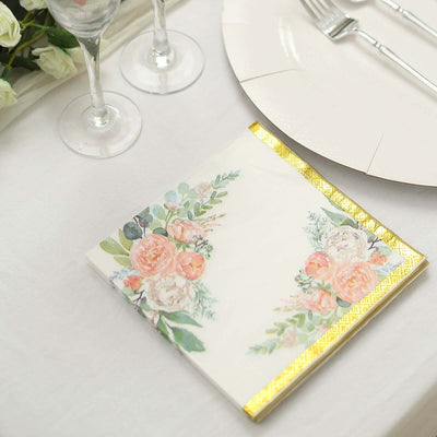 20-Pack Paper Cocktail Napkins 2 Ply White with Pink Peony Floral Design and Gold Trim - Soft Wedding Beverage Napkins 18GSM