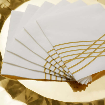 20 Pack Linen-Like Paper Napkins 5"x5" White - Gold Foil Wave Design, Soft & Absorbent Airlaid Party Napkins