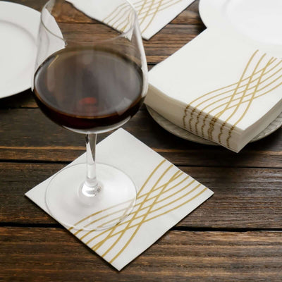 20 Pack Linen-Like Paper Napkins 5"x5" White - Gold Foil Wave Design, Soft & Absorbent Airlaid Party Napkins