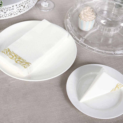 25 Pack Linen-Like Paper Napkins 8"x4" White with Metallic Gold Foil Scroll Design - Disposable Airlaid Dinner Napkins for Upscale Casual Events