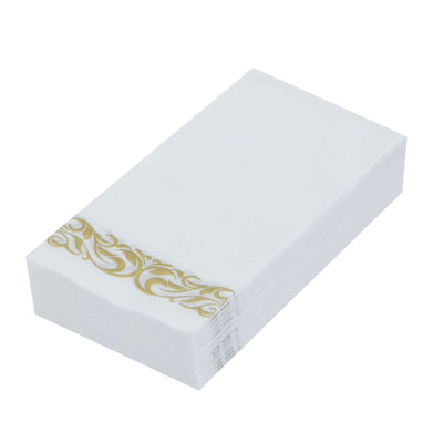 25 Pack Linen-Like Paper Napkins 8"x4" White with Metallic Gold Foil Scroll Design - Disposable Airlaid Dinner Napkins for Upscale Casual Events