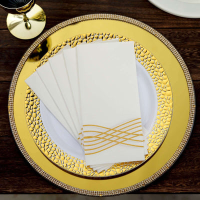 25 Pack Linen-Like Paper Napkins 8"x4" White with Metallic Gold Foil Wave Design - Disposable Airlaid Dinner Napkins for Upscale Casual Events