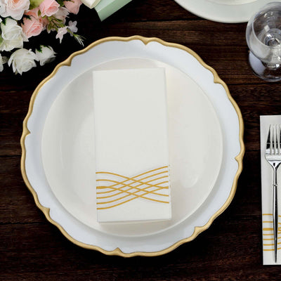 25 Pack Linen-Like Paper Napkins 8"x4" White with Metallic Gold Foil Wave Design - Disposable Airlaid Dinner Napkins for Upscale Casual Events