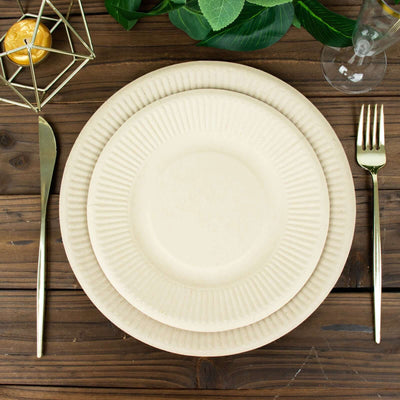 50-Pack Bagasse Round Dessert Plates 8" Natural with Ribbed Rim - Eco Friendly Disposable Sugarcane Appetizer/Salad Plates for Parties