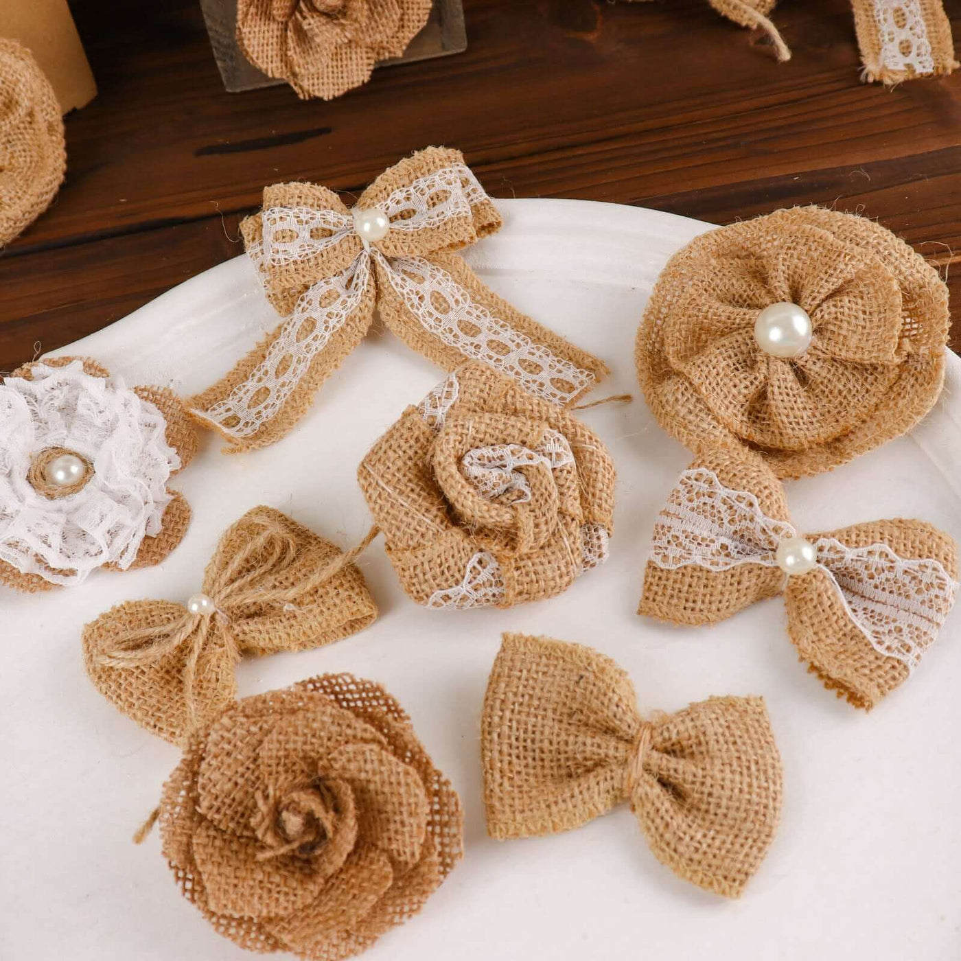 24pcs Natural Burlap Flower Bows with Lace | eFavormart.com