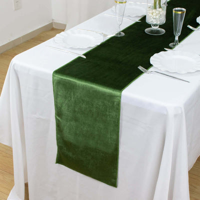 Premium Velvet Table Runner 12"x108" Olive Green - Sheen Finish Reusable Linen