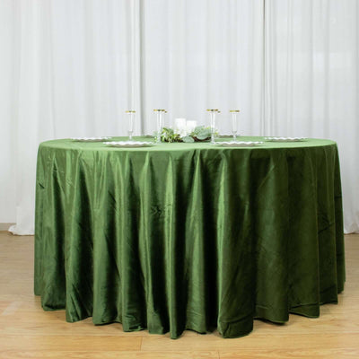 Premium Velvet Round Tablecloth 120" Olive Green - Seamless Soft & Reusable Table Cover