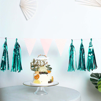 Turquoise Hanging Foil Tassel Garland, Metallic Tinsel Fringe Banner Party Streamer Backdrop Decorations 7.5ft Long