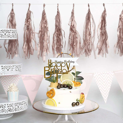 12 Pack Pre-Tied Rose Gold Paper Fringe Tassels With Garland String, Hanging Streamer Banner