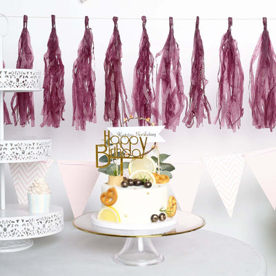 12 Pack Pre-Tied Eggplant Tissue Paper Tassel Garland With String, Hanging Fringe Party Streamer Backdrop Decor