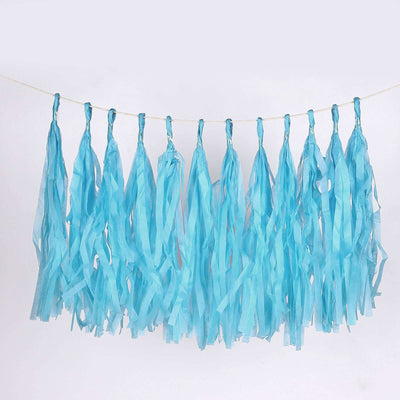 12 Pack Pre-Tied Turquoise Tissue Paper Tassel Garland With String, Hanging Fringe Party Streamer Backdrop Decor