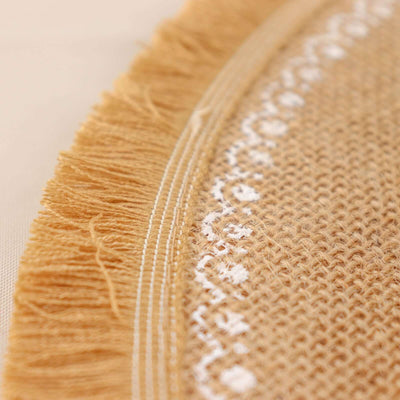 4-Pack Jute Fringe Placemats 15" Round White Embroidery Print Design Natural - Rustic Burlap Tassel Dining Mats