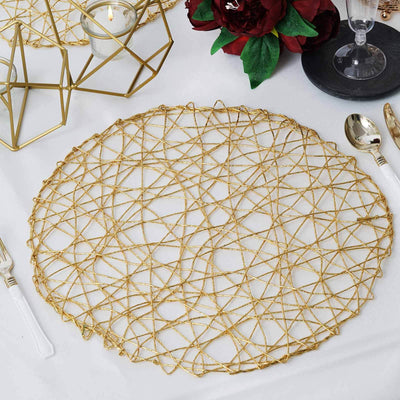 6-Pack Woven Fiber Table Placemats 15" Round Design Metallic Gold Metallic - Disposable Dining Mats