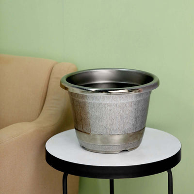 Silver Chrome Finished Rim Large Barrel Planter Pot, Indoor/Outdoor Decorative Flower Pot 14"