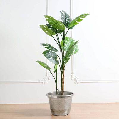 Silver Chrome Finished Rim Large Barrel Planter Pot, Indoor/Outdoor Decorative Flower Pot 14"