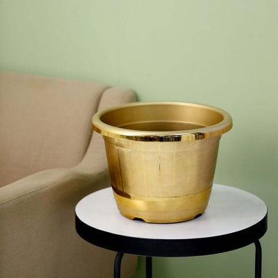 Gold Shiny Finished Rim Large Barrel Planter Pot, Indoor/Outdoor Decorative Flower Pot 14"