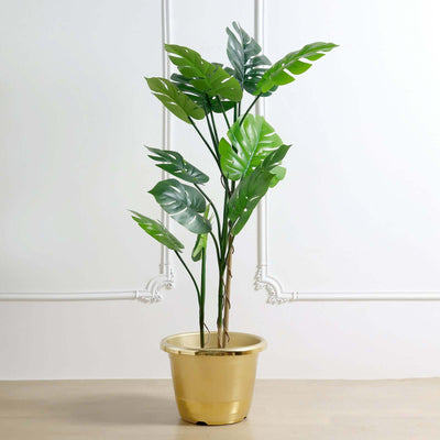 Gold Shiny Finished Rim Large Barrel Planter Pot, Indoor/Outdoor Decorative Flower Pot 14"