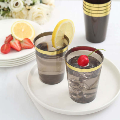 25-Pack Plastic Tumbler Cups 10oz Black with Gold Rim - Disposable Crystal Drinking Glasses for Parties