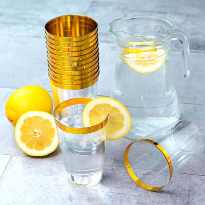 25-Pack Plastic Tumbler Cups 10oz Clear with Gold Rim - Disposable Crystal Drinking Glasses for Parties