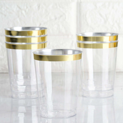 25-Pack Plastic Tumbler Cups 10oz Clear with Gold Rim - Disposable Crystal Drinking Glasses for Parties