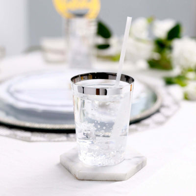 25-Pack Plastic Tumbler Cups 10oz Clear with Silver Rim - Disposable Crystal Drinking Glasses for Parties