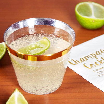 25-Pack Plastic Party Cups 9oz Clear Crystal with Gold Rim - Short Disposable Drink Tumblers