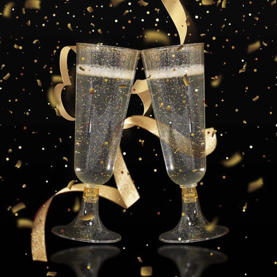 12-Pack Plastic Champagne Glasses 5oz Gold Glittered Short Stem - Disposable Trumpet Flutes with Detachable Base