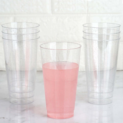 12-Pack Plastic Party Cups 17oz Silver Glitter - Disposable Drinking Tumblers 6"