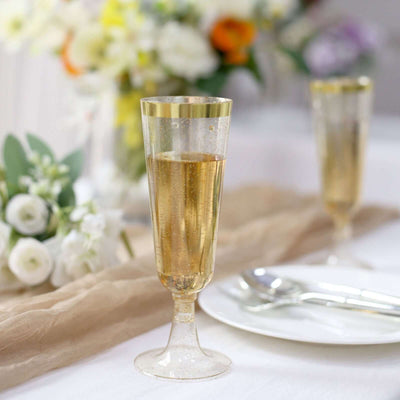 12-Pack Plastic Champagne Flutes 6oz Clear Gold Glittered with Gold Rim - Disposable Toasting Glasses with Detachable Base 6"