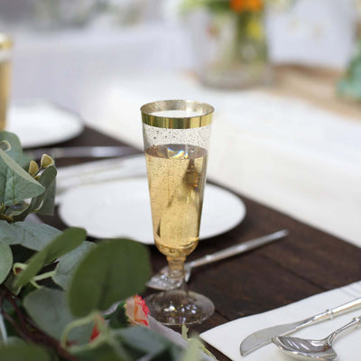12-Pack Plastic Champagne Flutes 6oz Clear Gold Glittered with Gold Rim - Disposable Toasting Glasses with Detachable Base 6"
