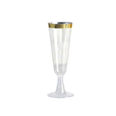 12-Pack Plastic Champagne Flutes 5oz Clear with Gold Rim - Disposable Toasting Glasses with Detachable Base 6"