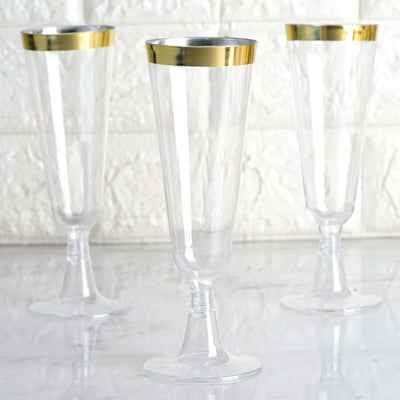 12-Pack Plastic Champagne Flutes 5oz Clear with Gold Rim - Disposable Toasting Glasses with Detachable Base 6"