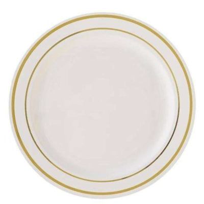 10-Pack Plastic Dessert Plates 6" Ivory with Très Chic Gold Rim - Perfect Disposable Salad Plates