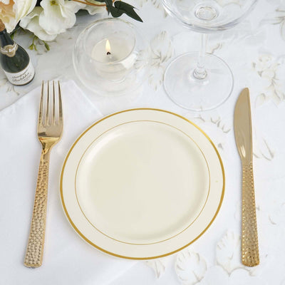 10-Pack Plastic Dessert Plates 6" Ivory with Très Chic Gold Rim - Perfect Disposable Salad Plates