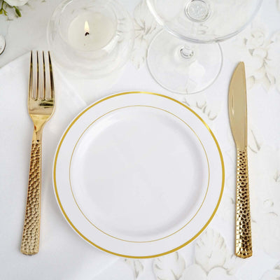 10-Pack Plastic Dessert Plates 6" White with Très Chic Gold Rim - Premium Disposable Salad Plates