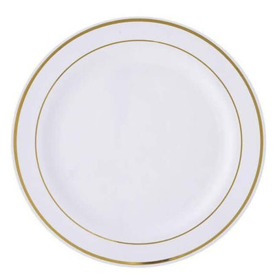 10-Pack Plastic Dessert Plates 6" White with Très Chic Gold Rim - Premium Disposable Salad Plates