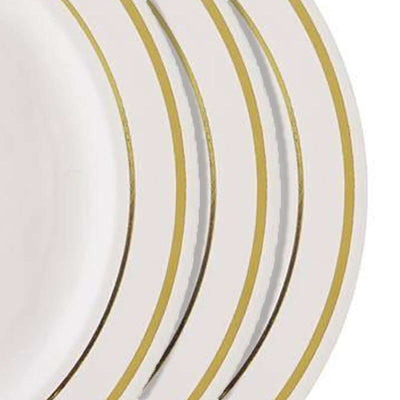 10-Pack Plastic Dessert Plates 8" Ivory with Très Chic Gold Rim - Durable Disposable Salad Plates