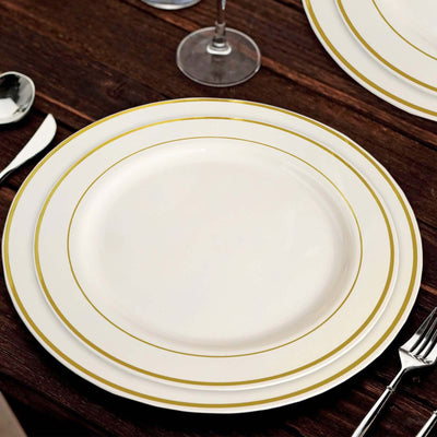 10-Pack Plastic Dessert Plates 8" Ivory with Très Chic Gold Rim - Durable Disposable Salad Plates