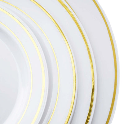 10-Pack Plastic Dessert Plates 8" White with Très Chic Gold Rim - Durable Disposable Salad Plates