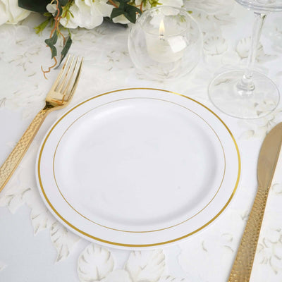 10-Pack Plastic Dessert Plates 8" White with Très Chic Gold Rim - Durable Disposable Salad Plates