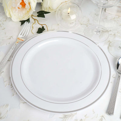 10-Pack Plastic Dinner Plates 10" White with Très Chic Silver Rim - Stylish Disposable Plates for Events
